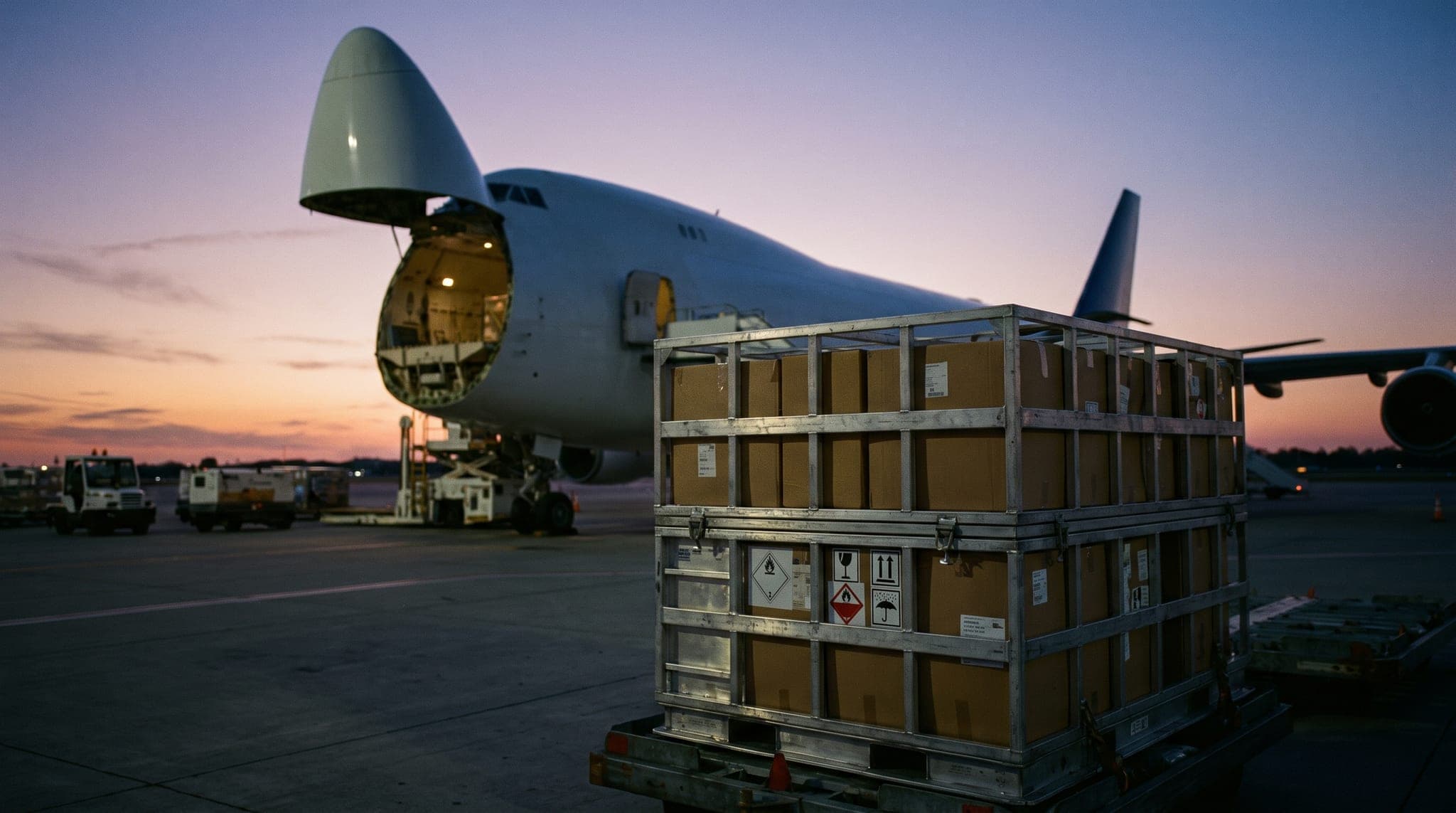 Wide body cargo freighter on an airport apron at dusk with a pallet of Class 9 labelled boxes in the foreground