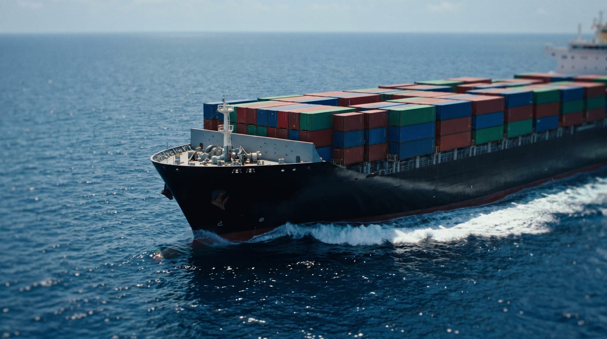 Modern container ship underway at blue hour, deck stacked with new containers